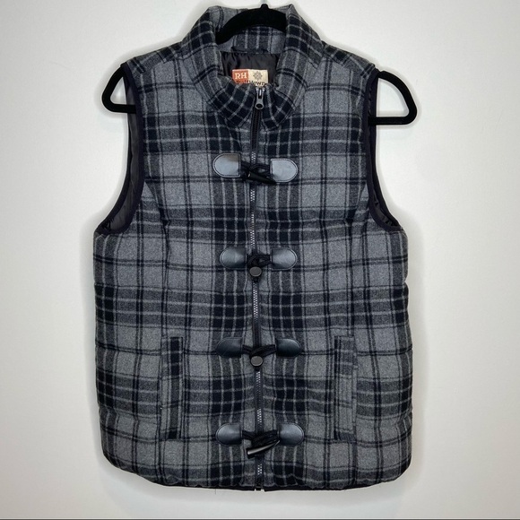 Plaid Toggle Vest‎ Black Gray Sleeveless Puffer Quilted Winter Warm Layering - Picture 1 of 11